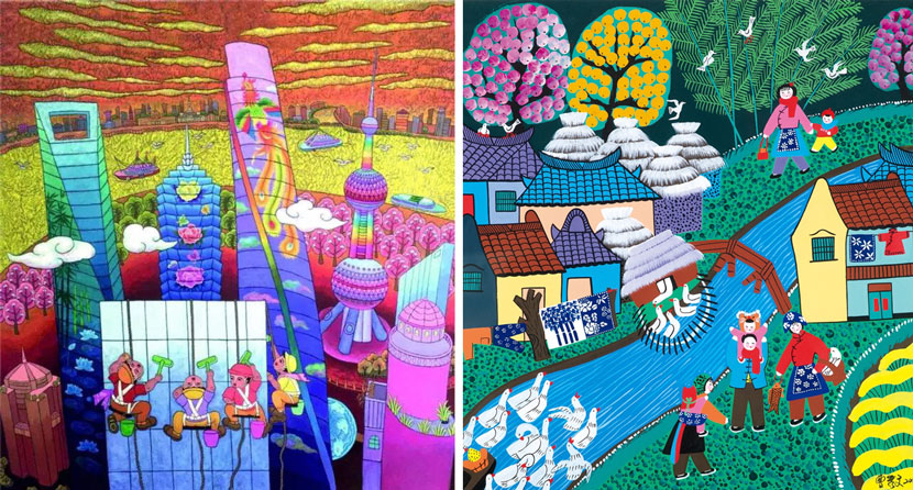 Left:‘Upward Force’ by Hu Peiqun (2017), an example of Shanghai’s western suburb-style peasant painting. Courtesy of Hu Peiqun; right:‘The Mother Returns to her Parents’ Home’ by Cao Xiuwen (2016), an example of Shanghai’s Jinshan-style peasant painting. Courtesy of the Folklore Institute at East China Normal University